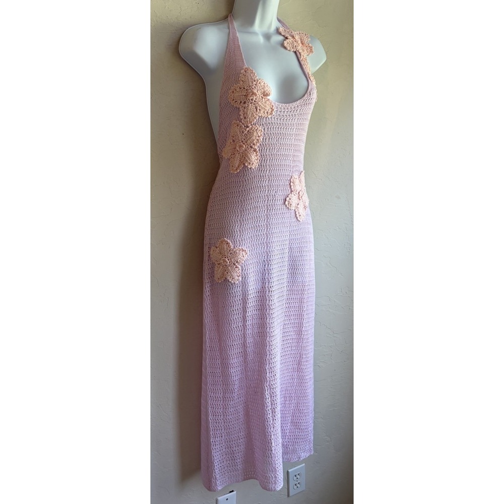 Open Knit Crochet Halter Maxi Dress S 3D Floral Appliqué Cover Up Coquette Y2K - Picture 2 of 8